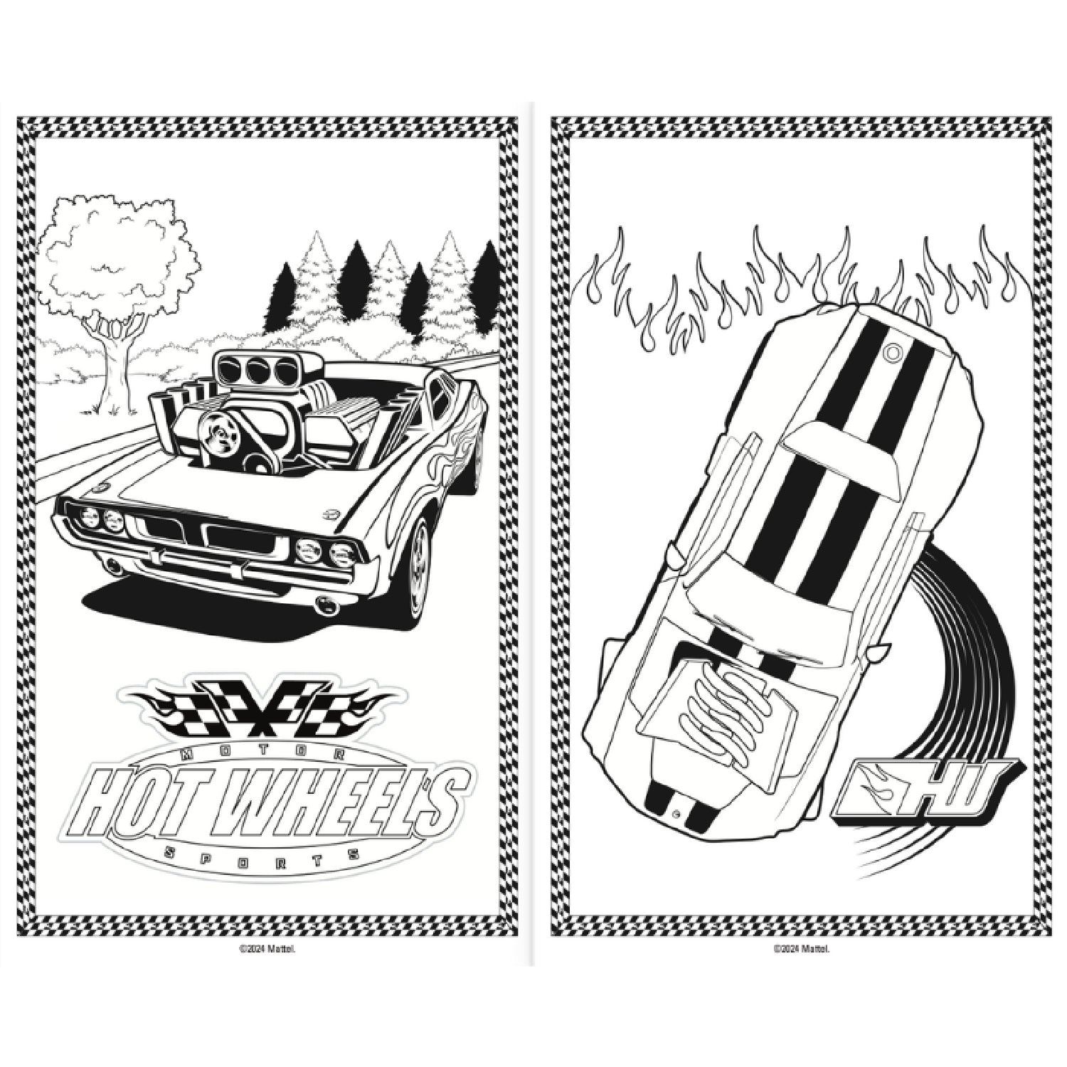 Libro para colorear Hot Wheels con coches deportivos en dos páginas