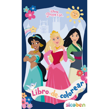 Libro para colorear de princesas Disney, portada con tres personajes icónicos