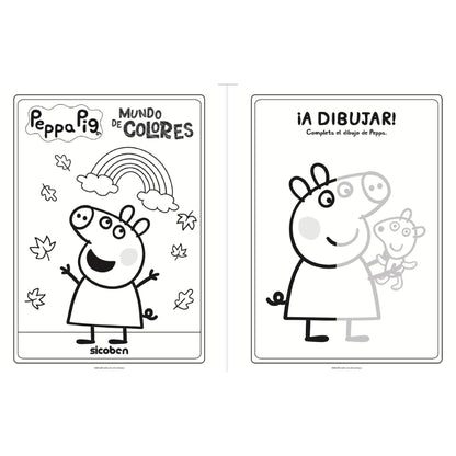 Libro para colorear Peppa Pig, estilo divertido, incluye actividades interactivas.