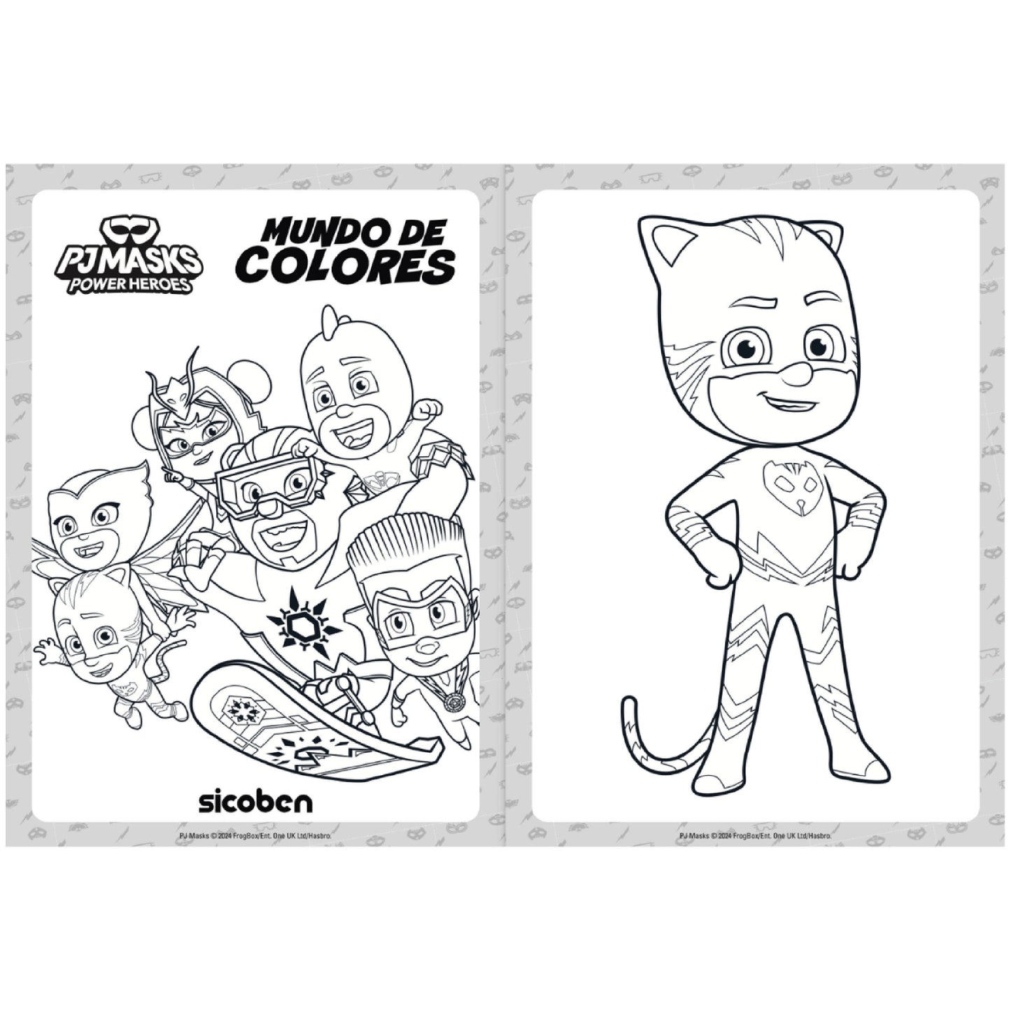 Libro de colorear PJ Masks, personajes populares en blanco y negro