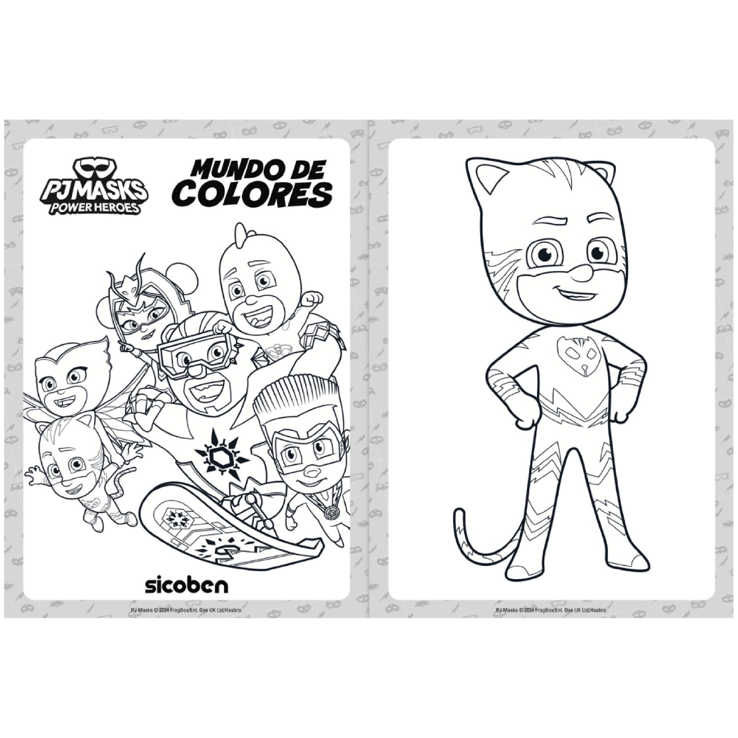 Libro de colorear PJ Masks, personajes populares en blanco y negro