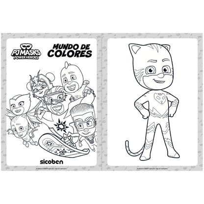 Libro de colorear PJ Masks, personajes populares en blanco y negro