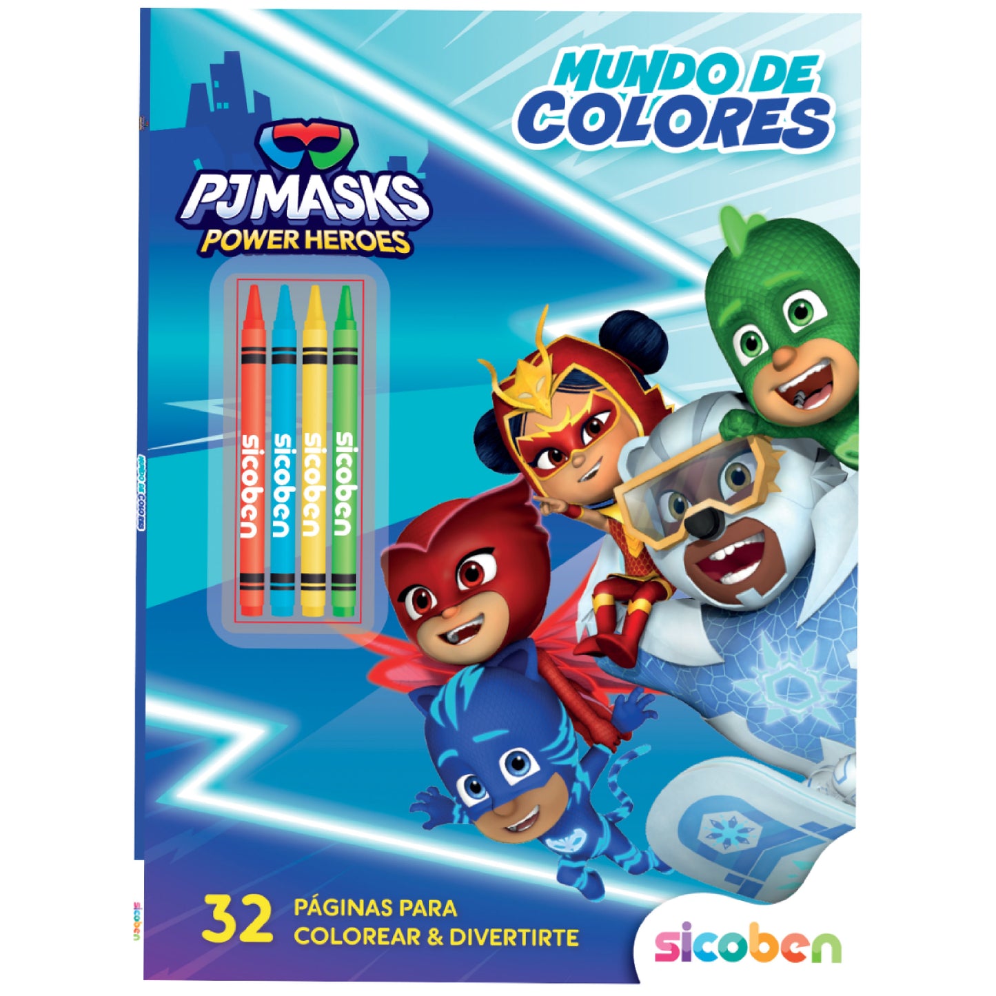 Libro Mundo de Colores de PJ Masks con crayones en portada