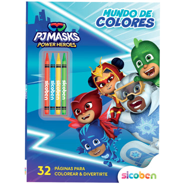Libro Mundo de Colores de PJ Masks con crayones en portada