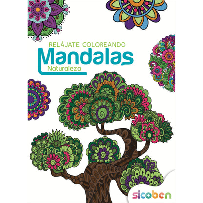Libro Mandalas Naturaleza, diseño colorido, vista frontal, ideal para relajarse coloreando