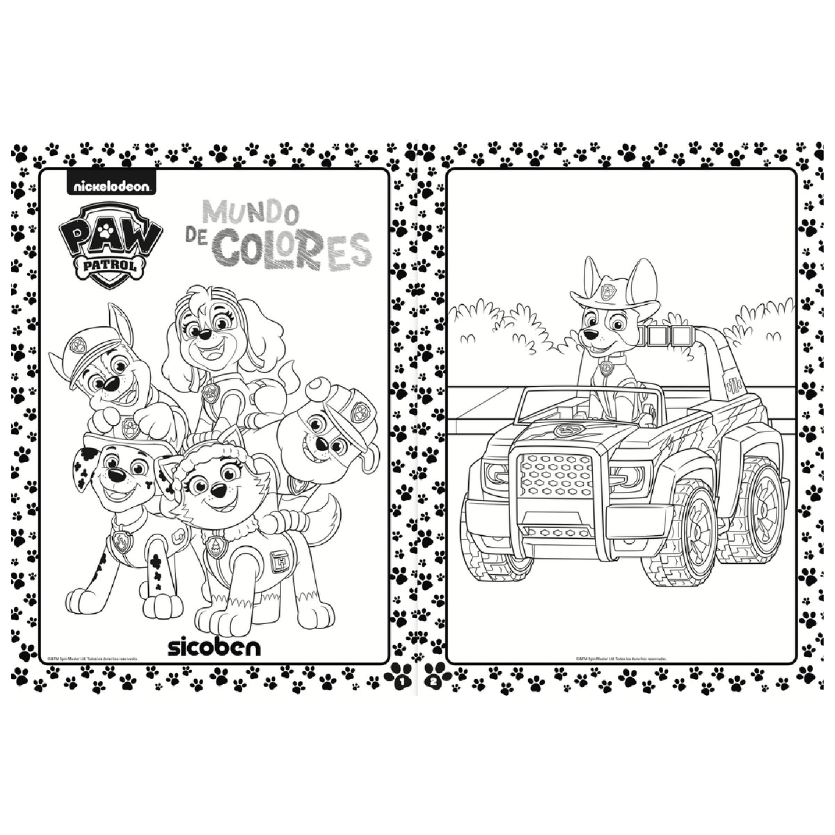 Dibujo para colorear de Paw Patrol con personajes y vehículo en fondo blanco