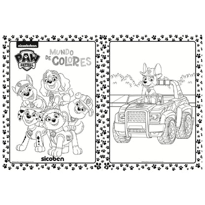 Dibujo para colorear de Paw Patrol con personajes y vehículo en fondo blanco