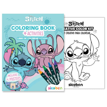 Libro para colorear Stitch, colores, portada y ejemplo de actividad