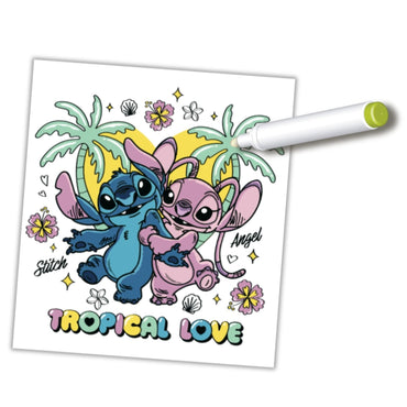 Dibujo de Stitch y Angel con palmeras, tema Tropical Love