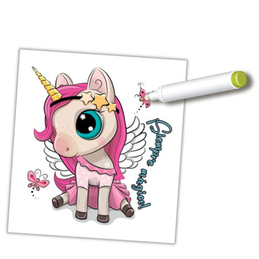 unicornio rosa con alas y cuerno, dibujos y lápiz para colorear