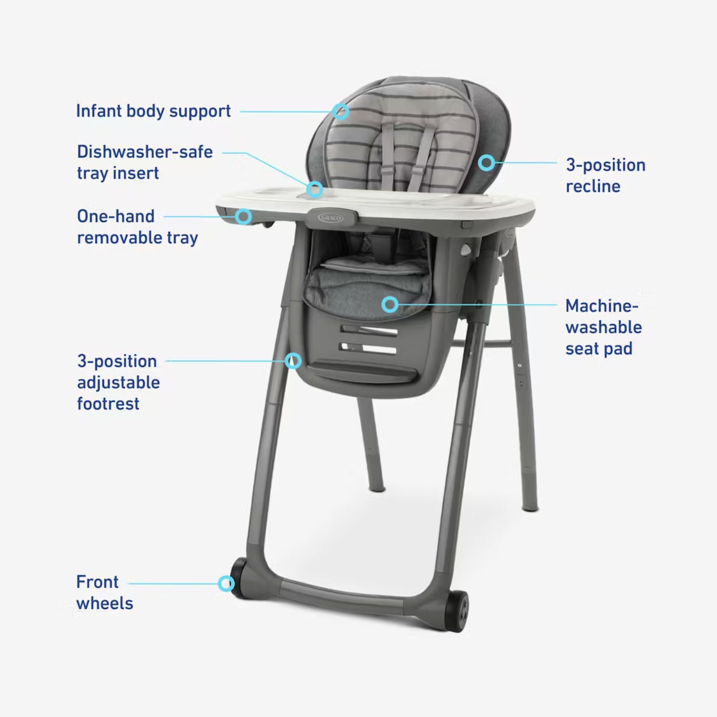 silla alta gris con soporte para bebés y bandeja extraíble, vista frontal