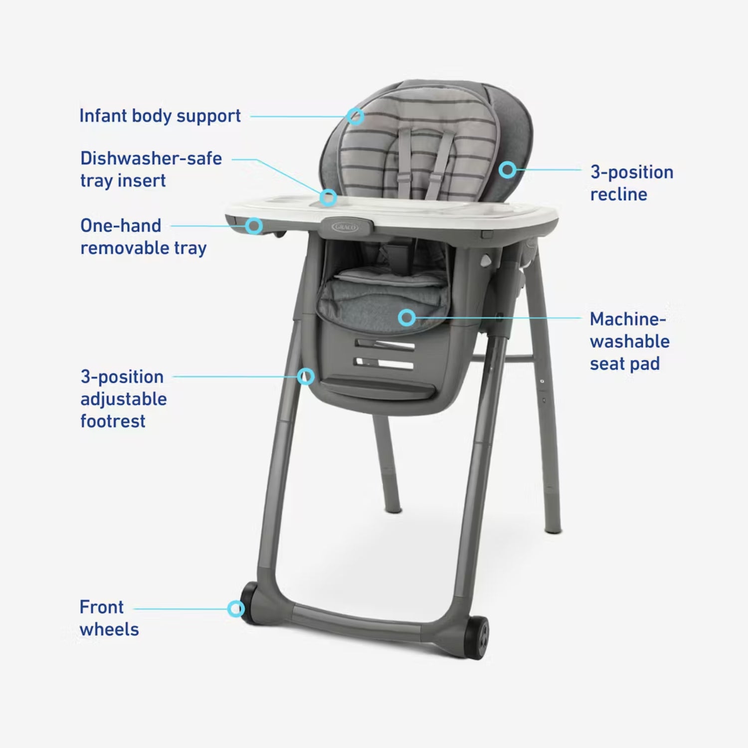 silla alta gris con soporte para bebés y bandeja extraíble, vista frontal