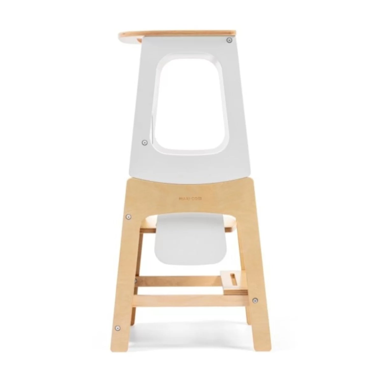 Silla MAXI COSI blanca y madera, vista lateral, ideal para niños
