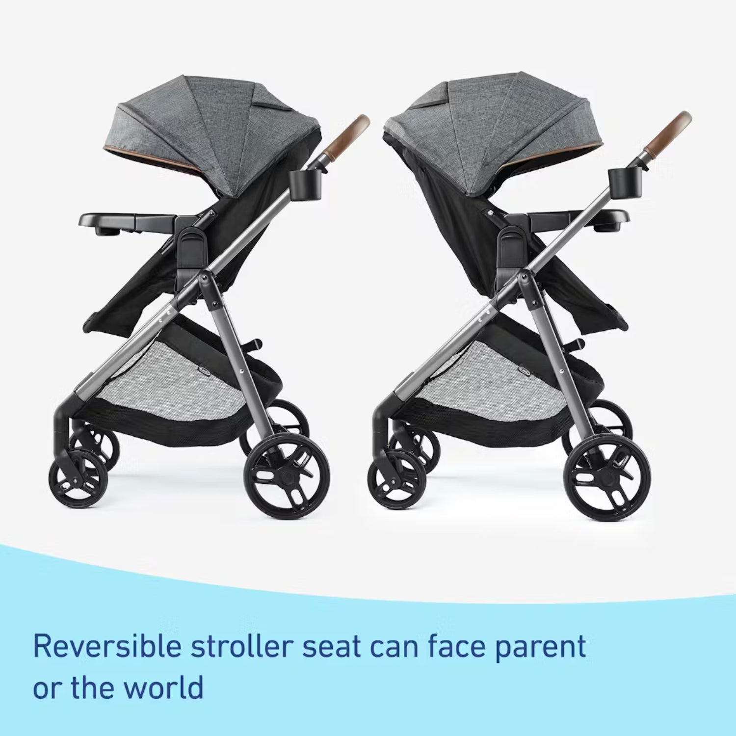 silla de paseo gris reversible, vista lateral, puede mirar hacia el padre o el mundo