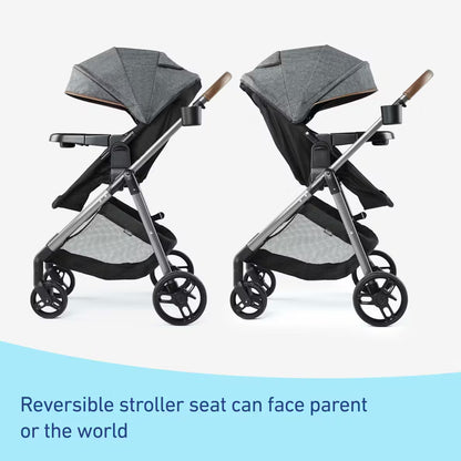 silla de paseo gris reversible, vista lateral, puede mirar hacia el padre o el mundo