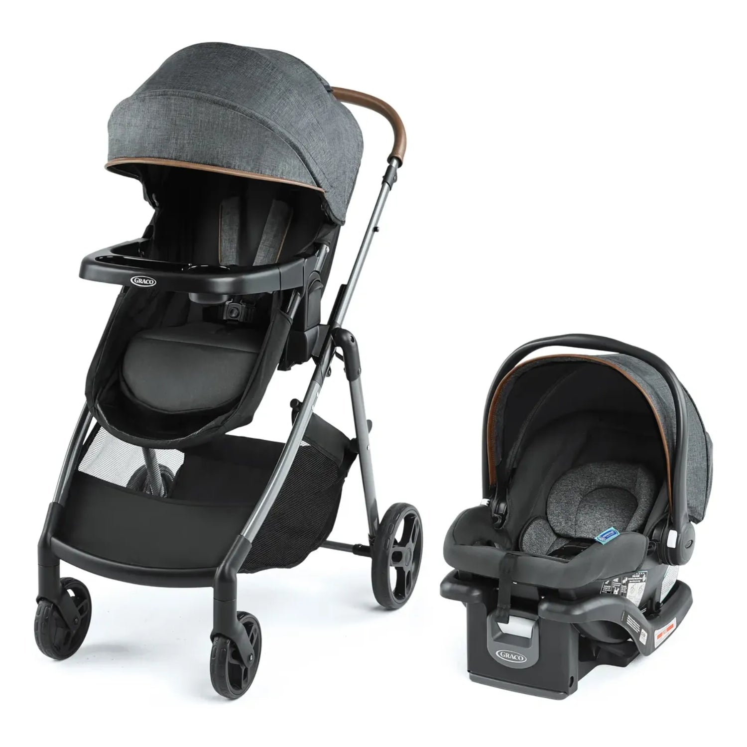 Silla de paseo Graco gris con asiento de bebé, vista lateral y uso diario