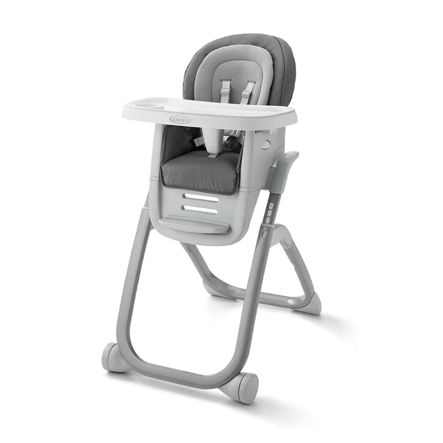 silla d. Graco gris, vista frontal con bandeja y tapizado suave