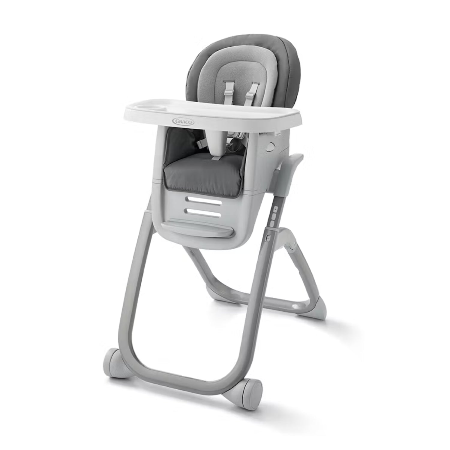 silla d. Graco gris, vista frontal con bandeja y tapizado suave