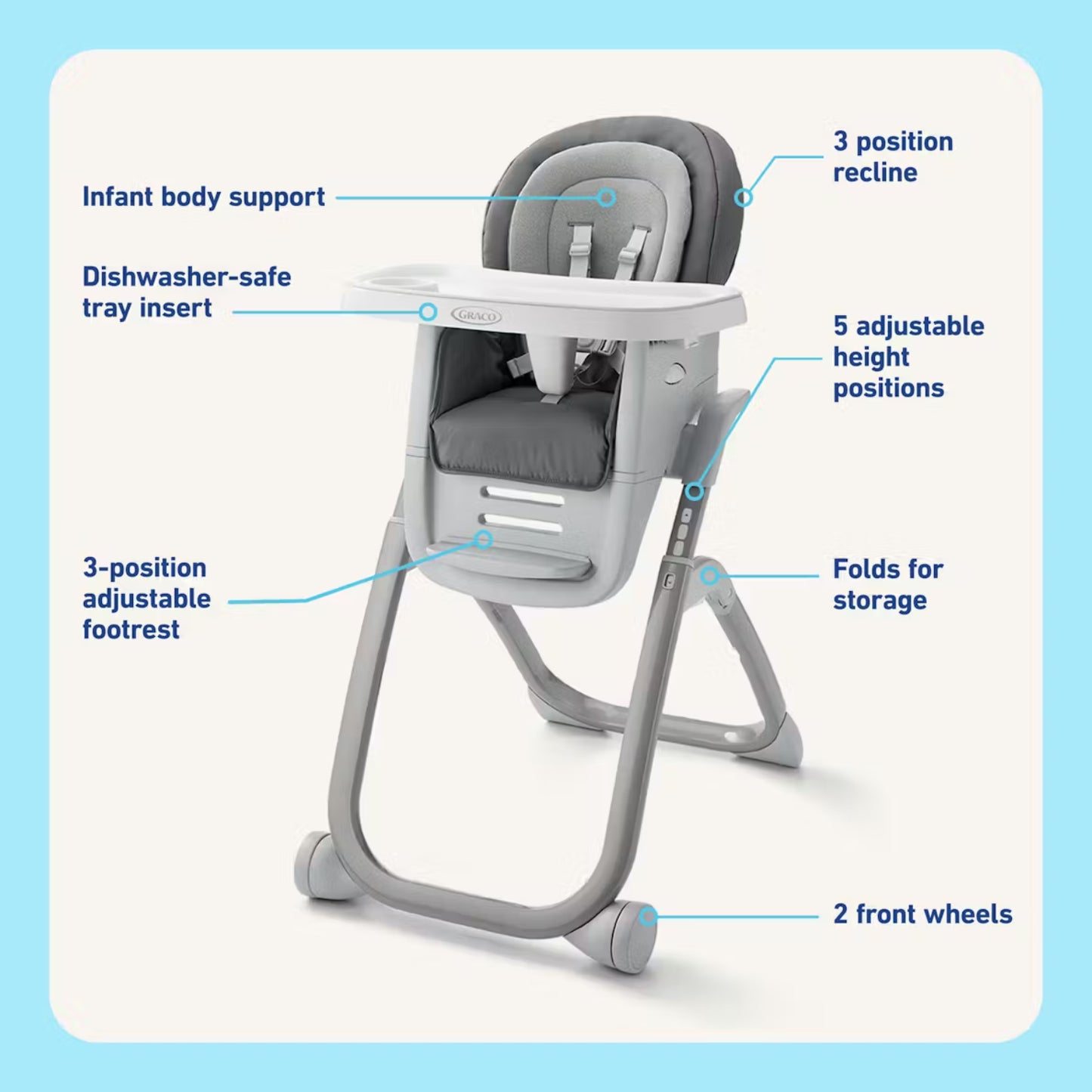 Silla d GRACO gris con soporte para cuerpo infantil y bandeja extraíble