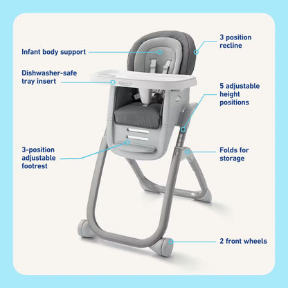 Silla d GRACO gris con soporte para cuerpo infantil y bandeja extraíble