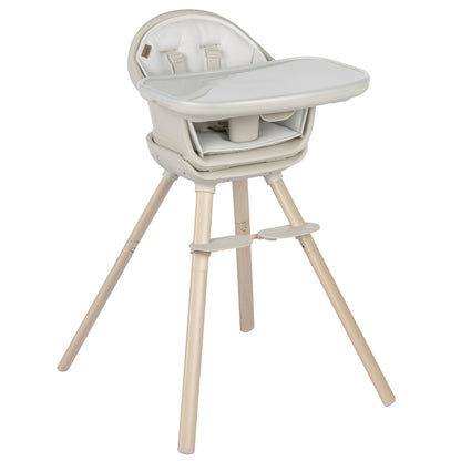 Silla de comer gris claro frontal con patas de madera en ambiente moderno