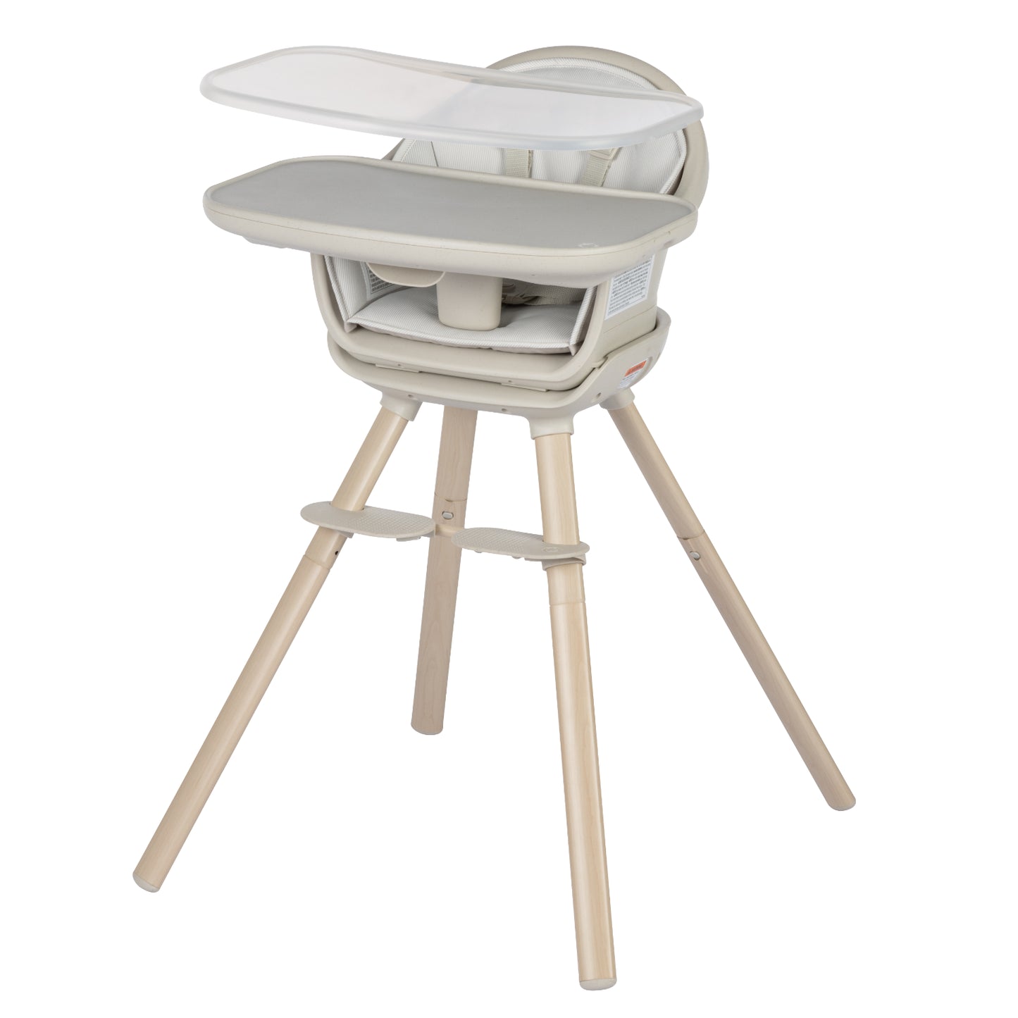 Silla de comer beige, vista frontal con patas de madera, ideal para bebés