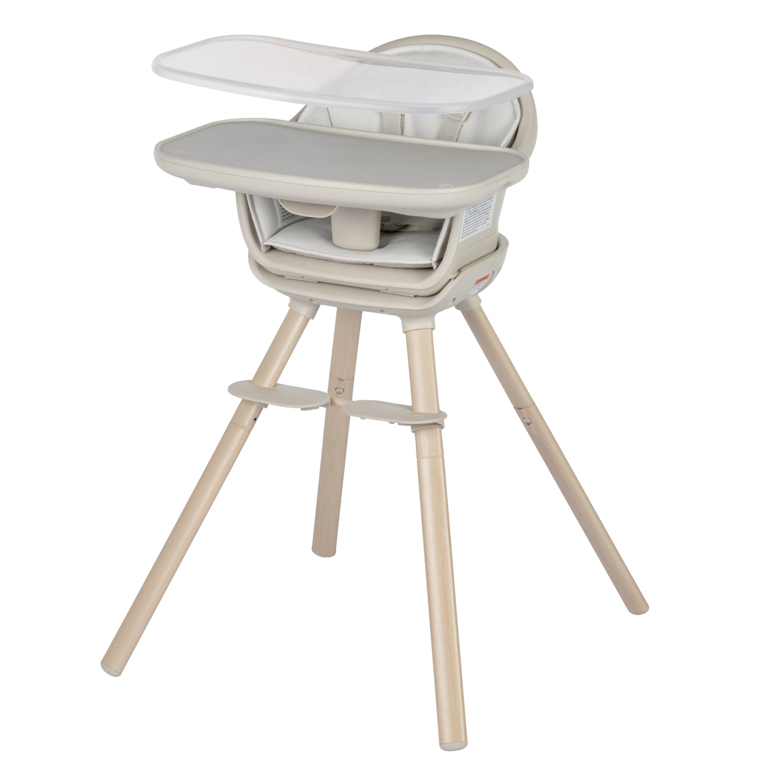 Silla de comer beige, vista frontal con patas de madera, ideal para bebés