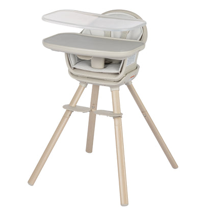 Silla de comer beige, vista frontal con patas de madera, ideal para bebés