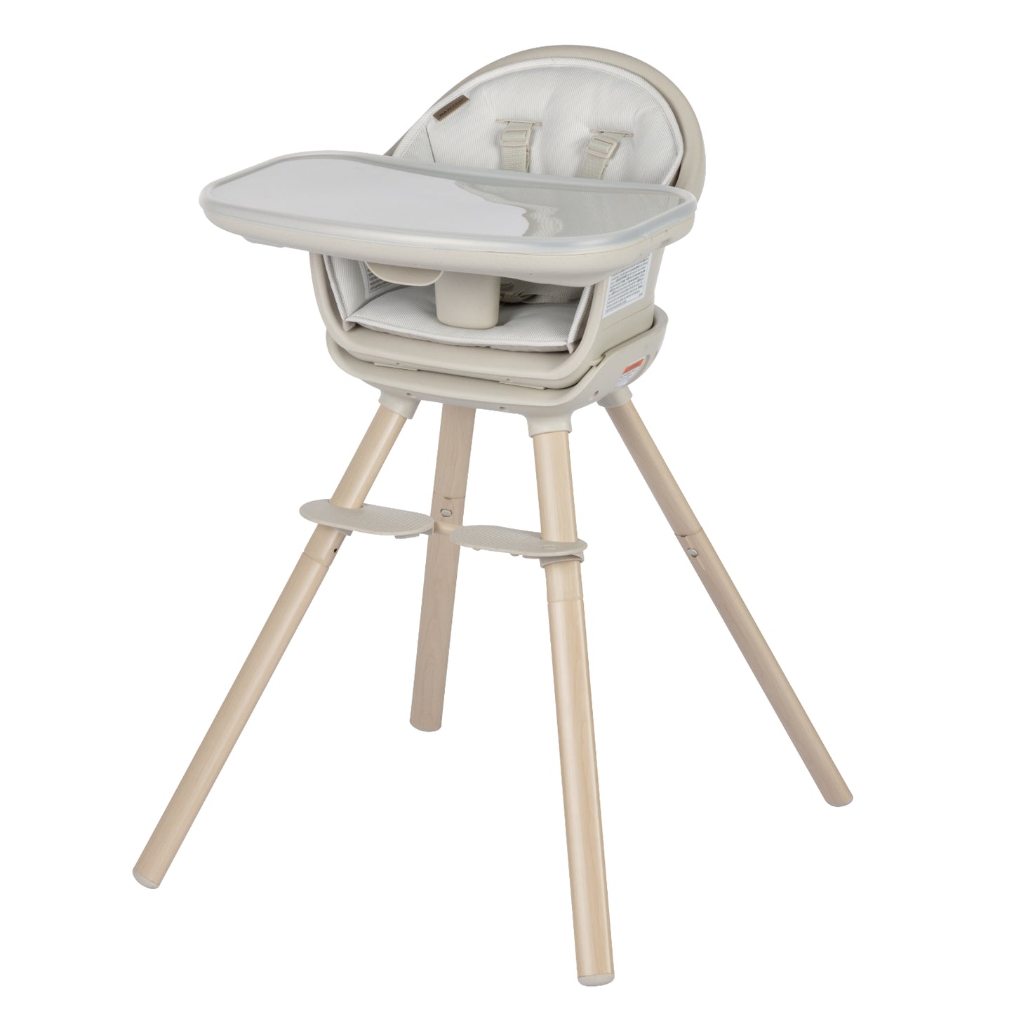Silla de comer gris con patas de madera y bandeja ajustable