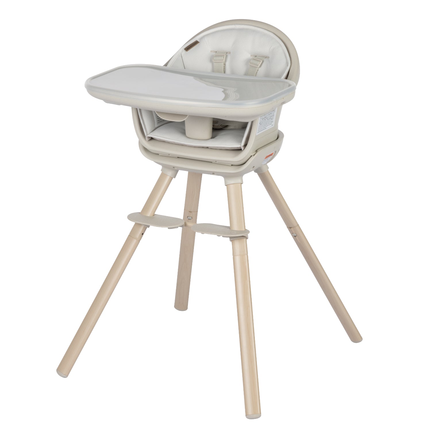 Silla de comer gris con patas de madera y bandeja ajustable
