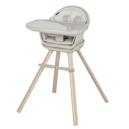 Silla de comer gris con patas de madera y bandeja ajustable