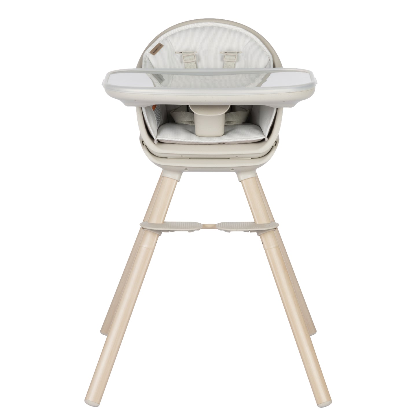 Silla de comer MAXI COSI gris, vista frontal, ideal para alimentación infantil.