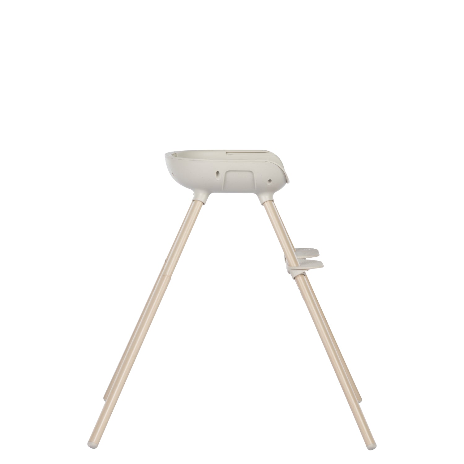 Silla de comer blanca lateral con patas de madera, ideal para bebés