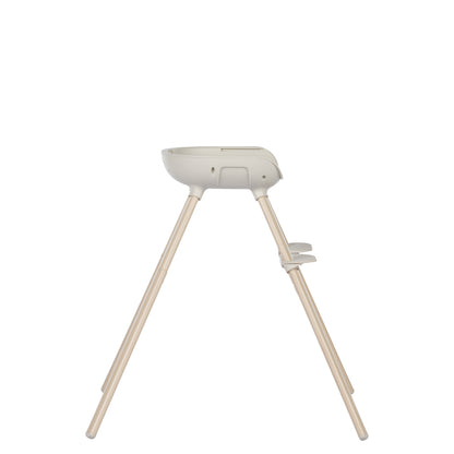 Silla de comer blanca lateral con patas de madera, ideal para bebés
