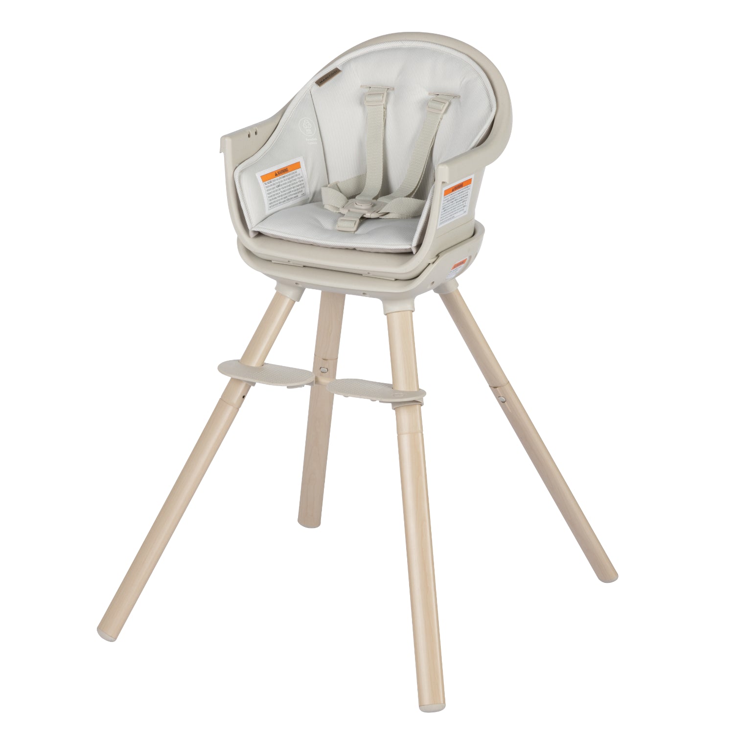 Silla de comer beige con asiento acolchado, vista frontal y estructura de madera.