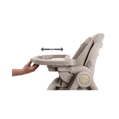 Silla de comer gris con bandeja ajustable, vista lateral y aumento de comodidad