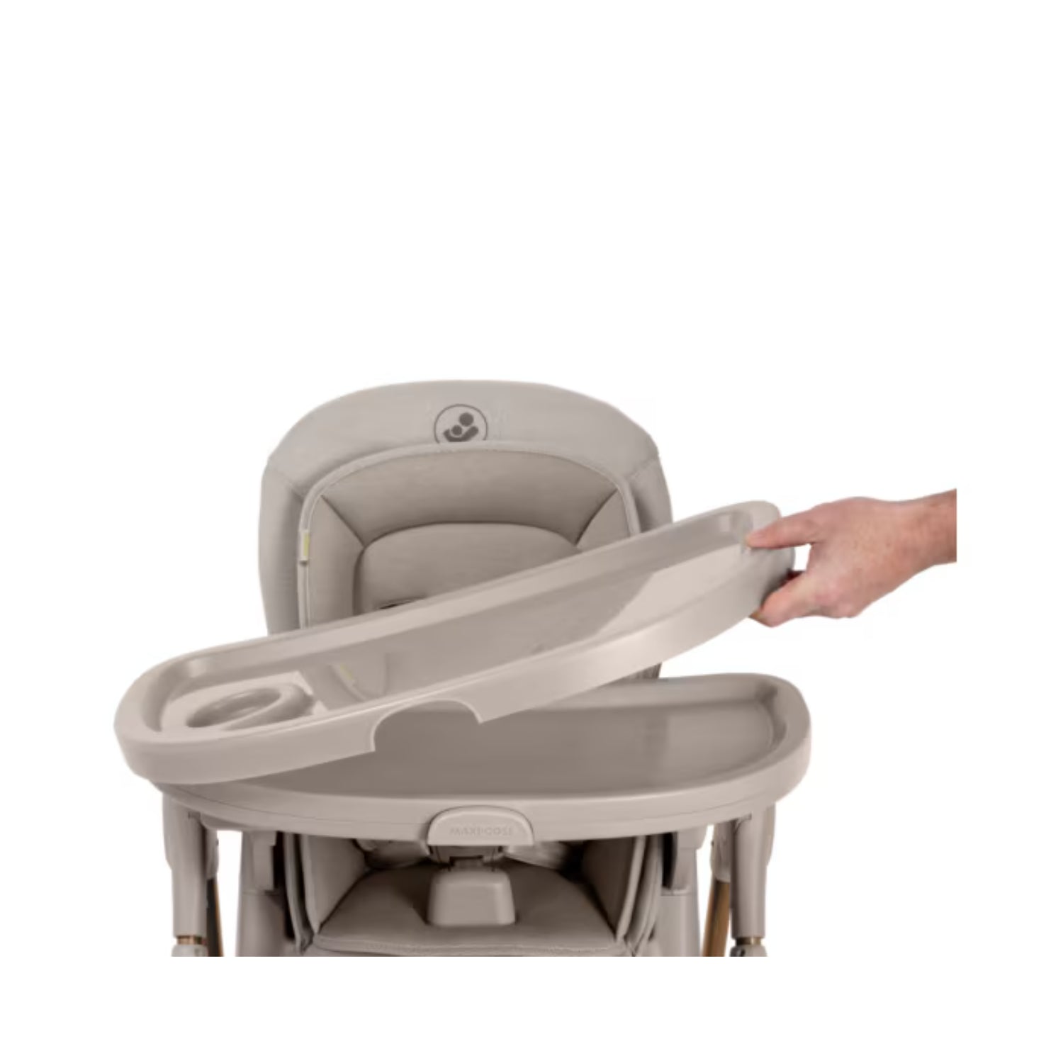 Silla de comer gris MAXI COSI, vista frontal con bandeja removible