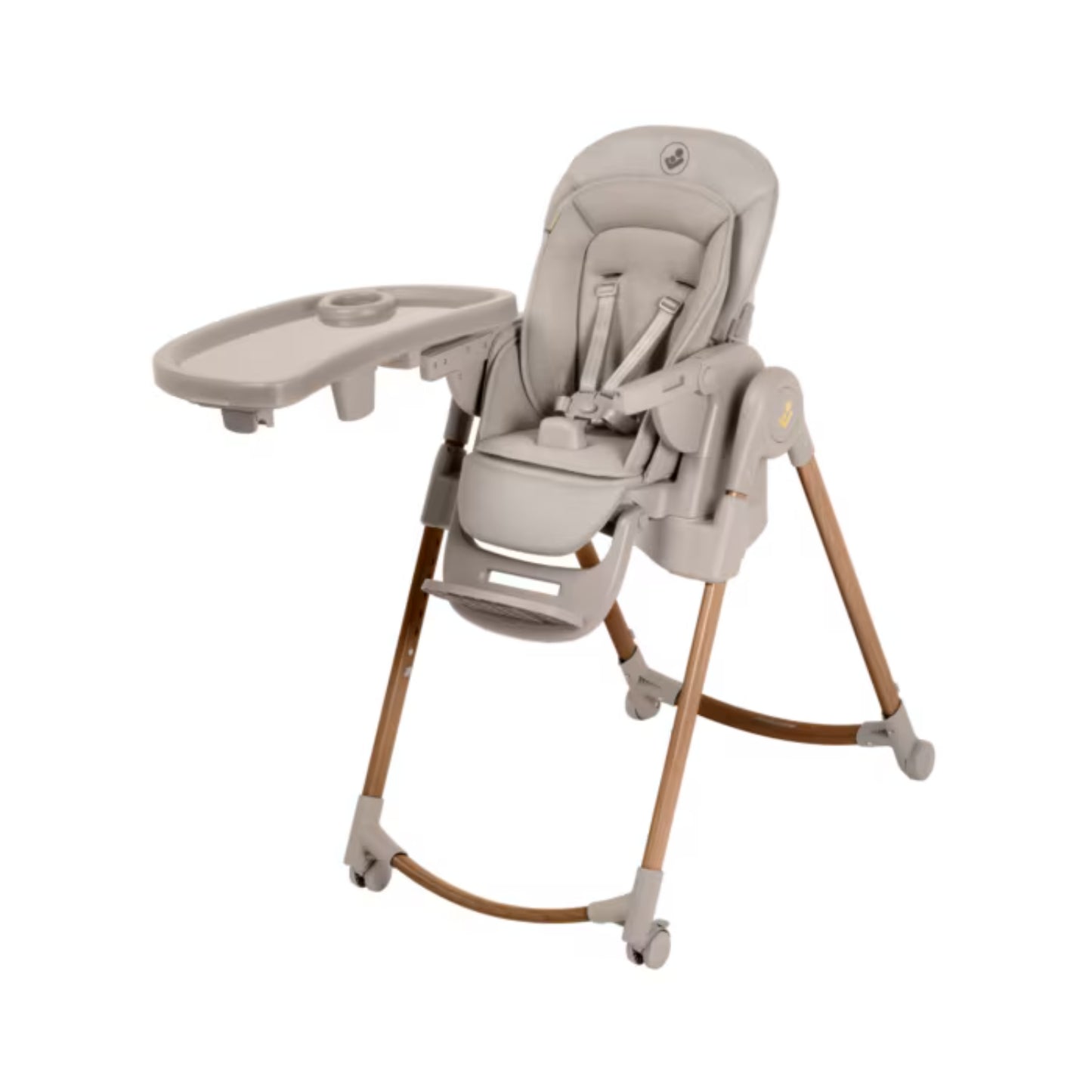 Silla de comer gris con bandeja extraíble y estructura de madera, ideal para bebés