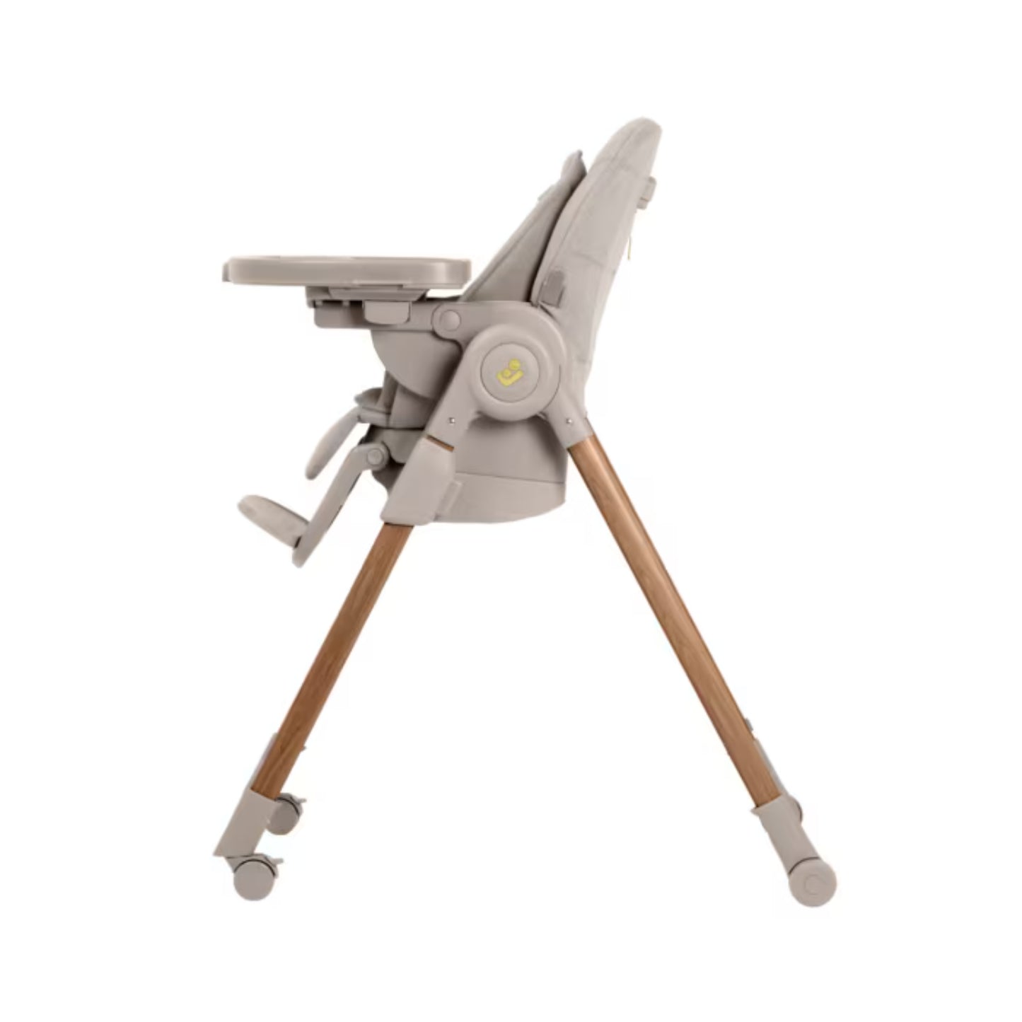 Silla de comer gris claro lateral, apta para bebés y fácil de ajustar