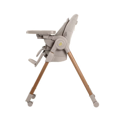 Silla de comer gris claro lateral, apta para bebés y fácil de ajustar