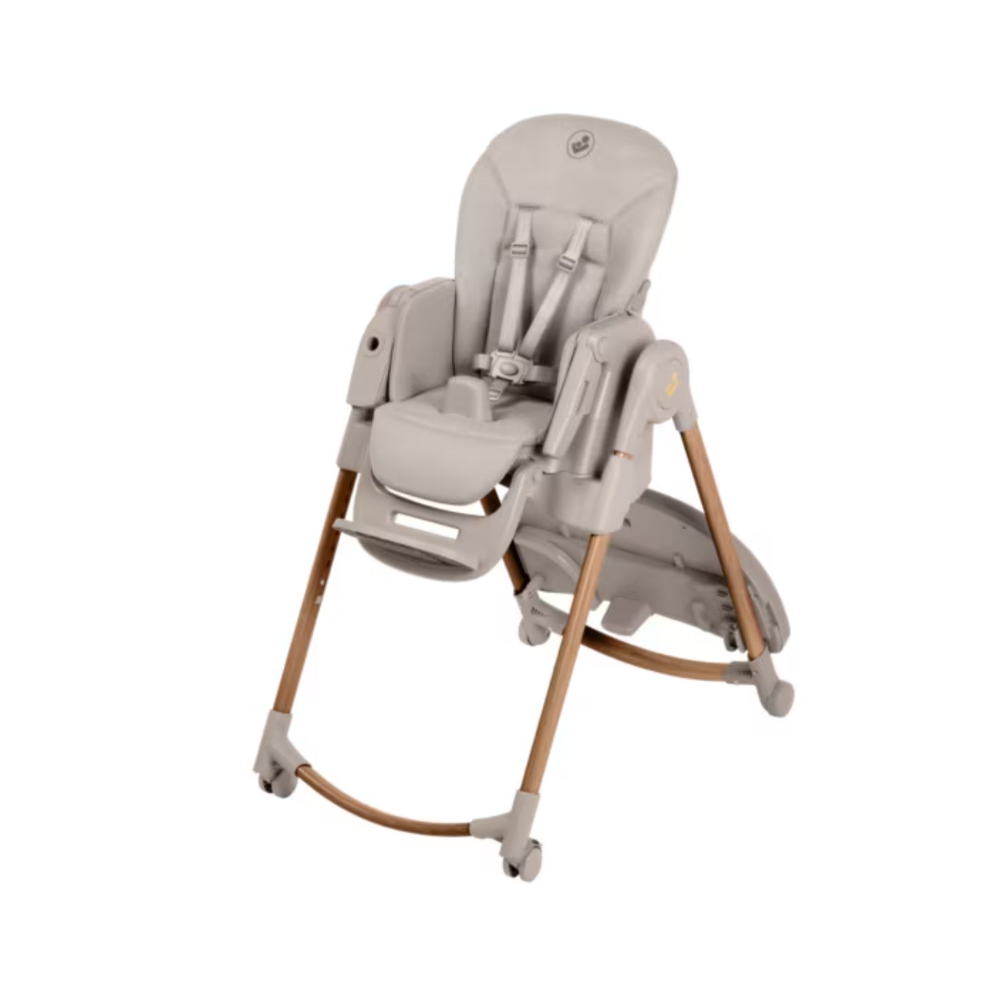 Silla de comer gris clara de MAXI COSI, vista frontal con patas de madera