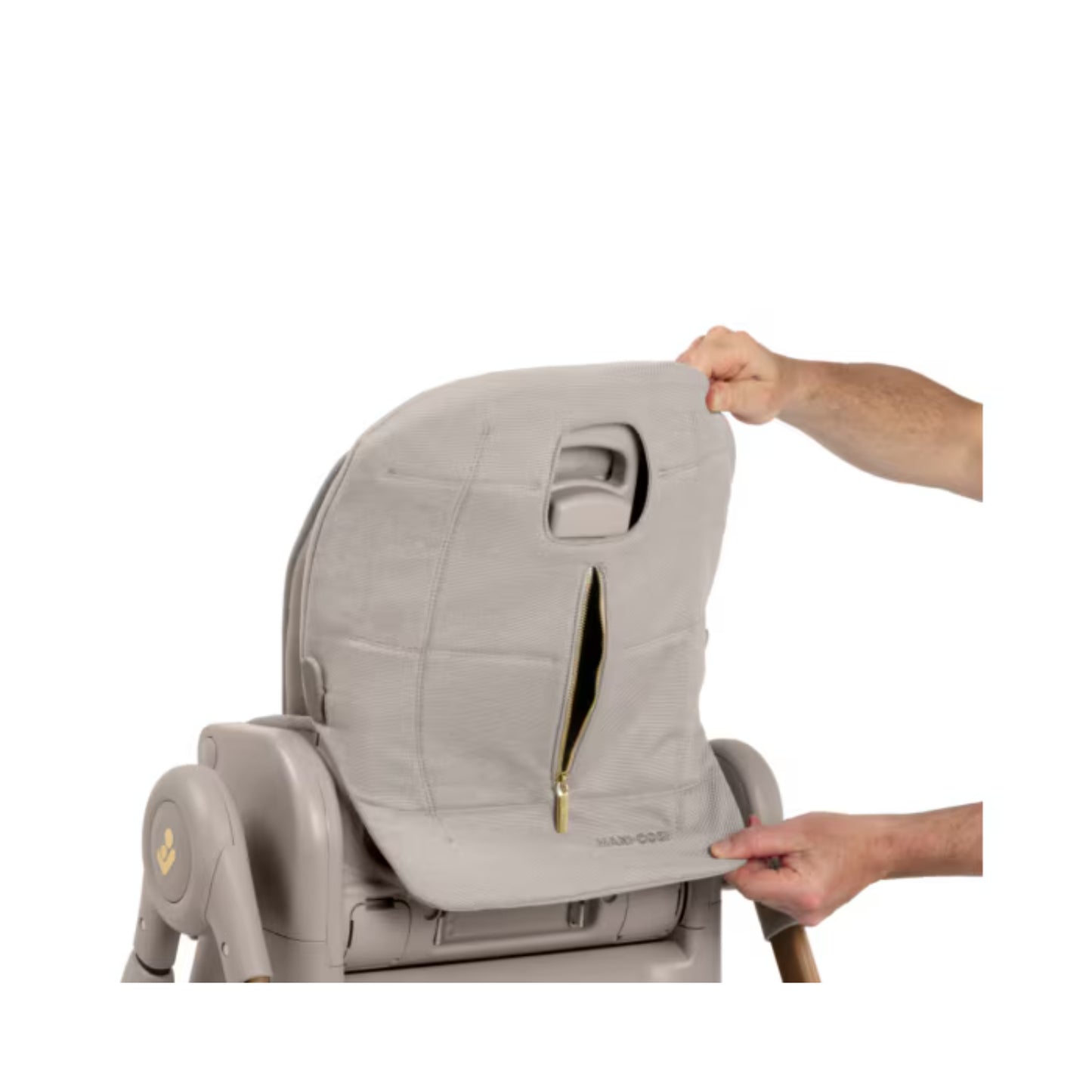 Silla de comer gris con respaldo desmontable, vista detallada y uso práctico