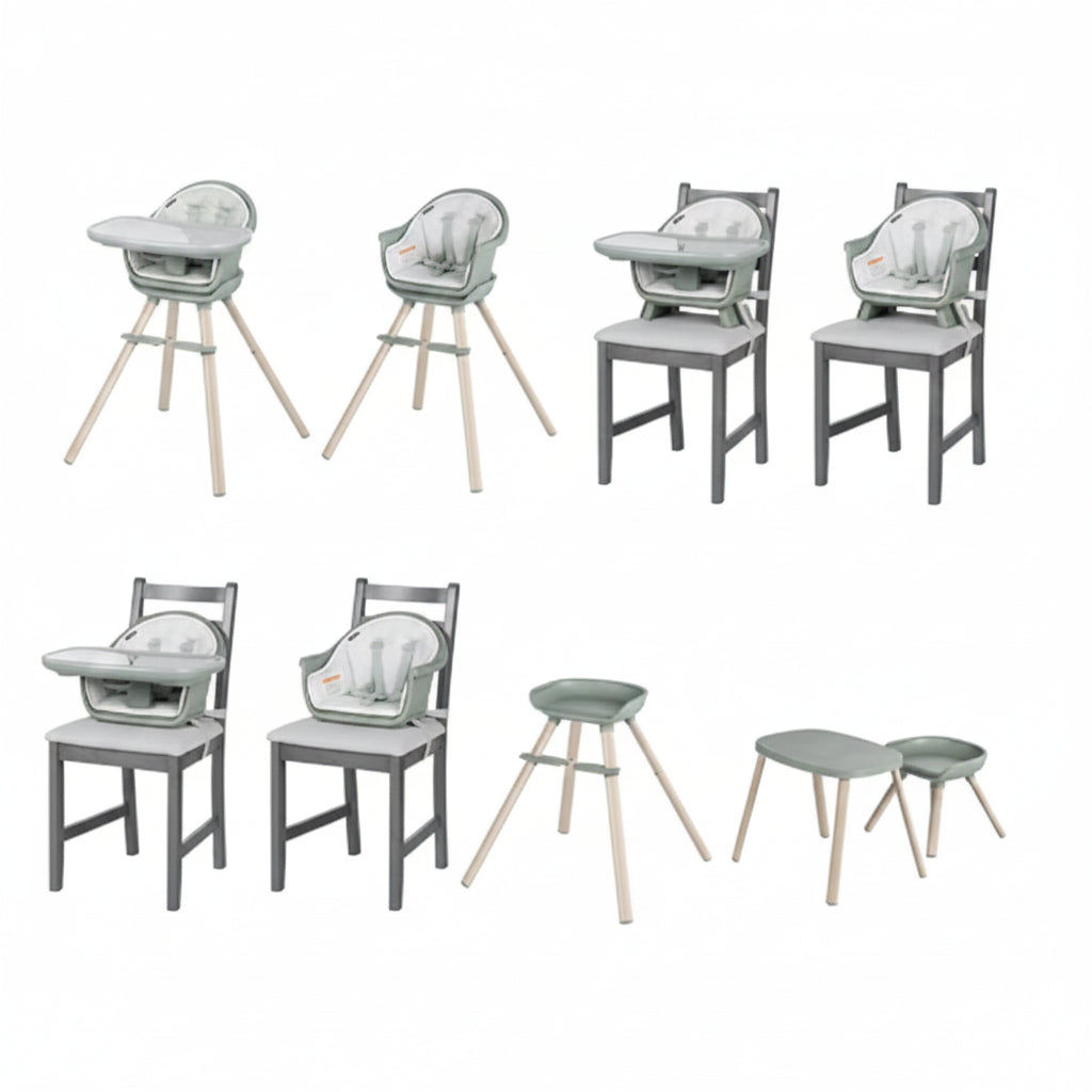 Silla de comer MAXI COSI gris y verde, diferentes posiciones para facilitar la alimentación