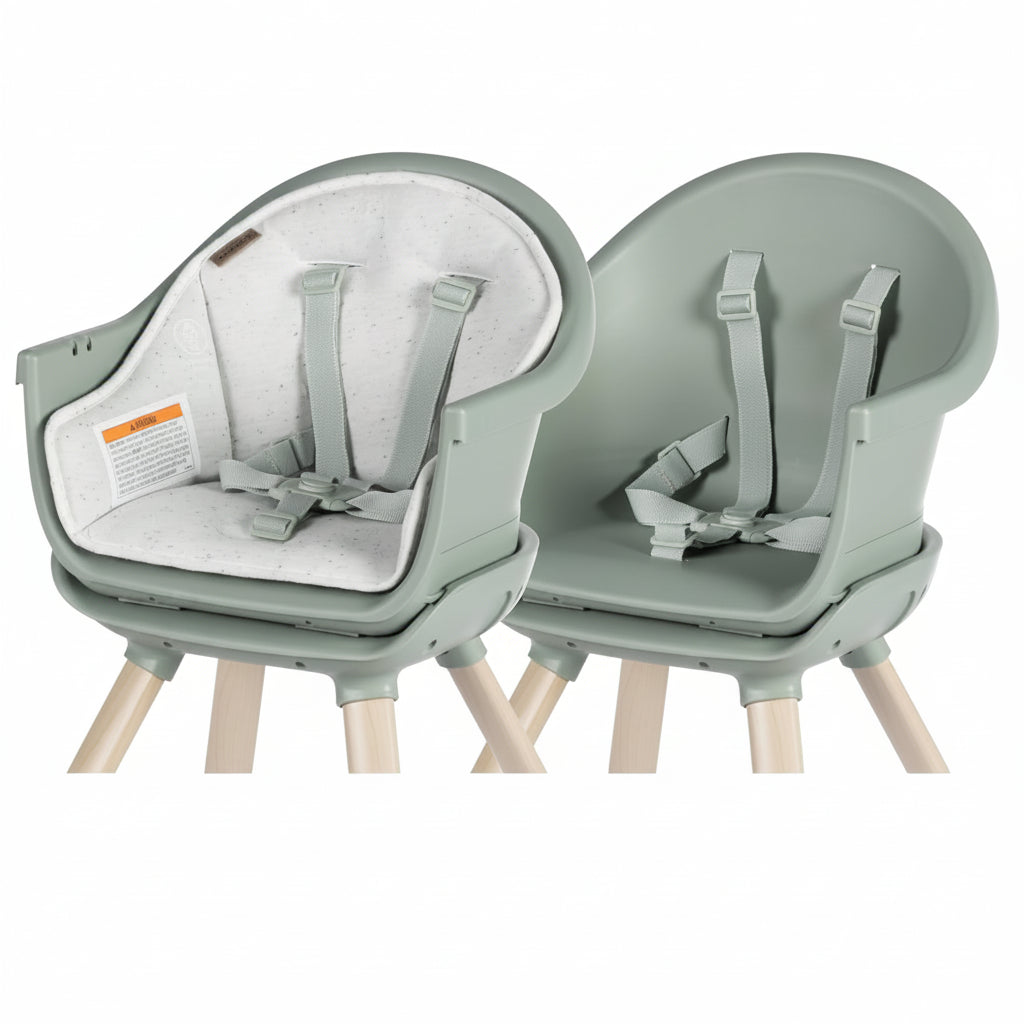 Silla de comer verde claro, vista lateral, cómoda y segura para bebés