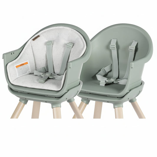 Silla de comer verde claro, vista lateral, cómoda y segura para bebés