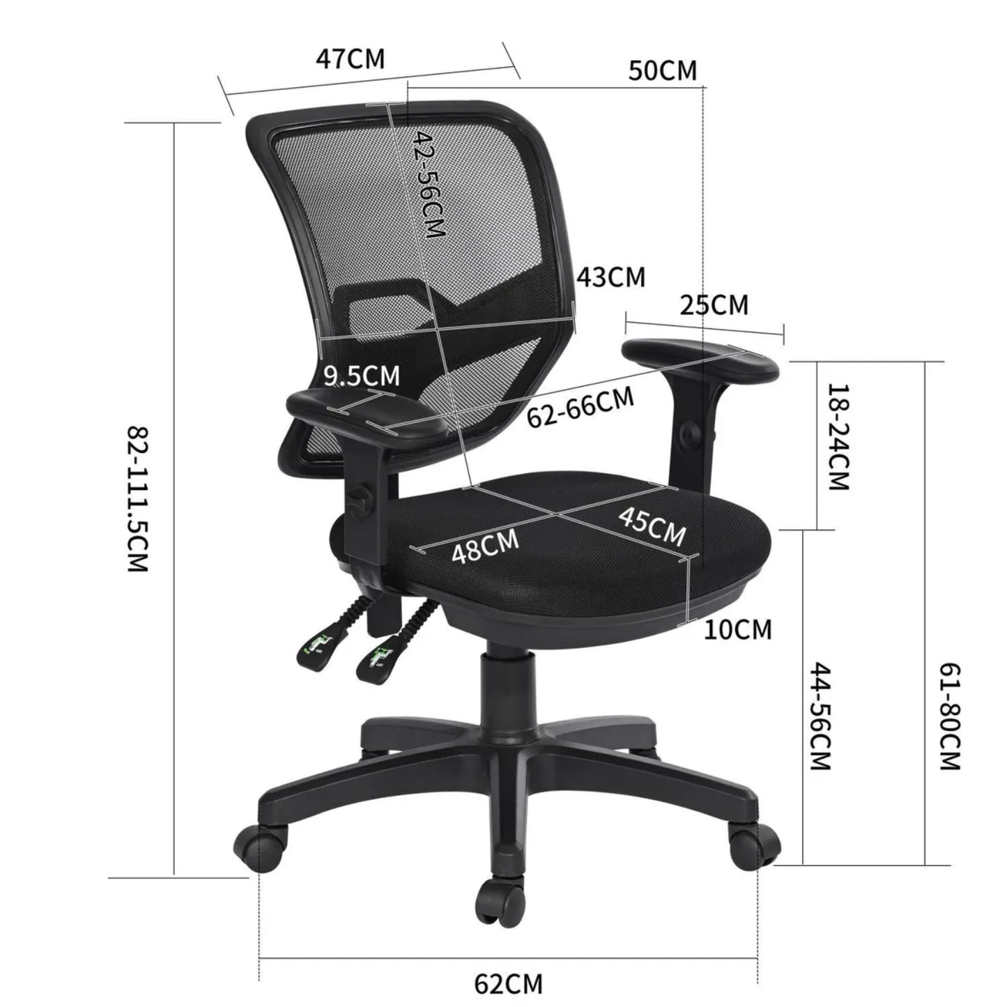 Silla de escritorio con respaldo de malla en color negro, ajustable y con ruedas para mayor comodidad