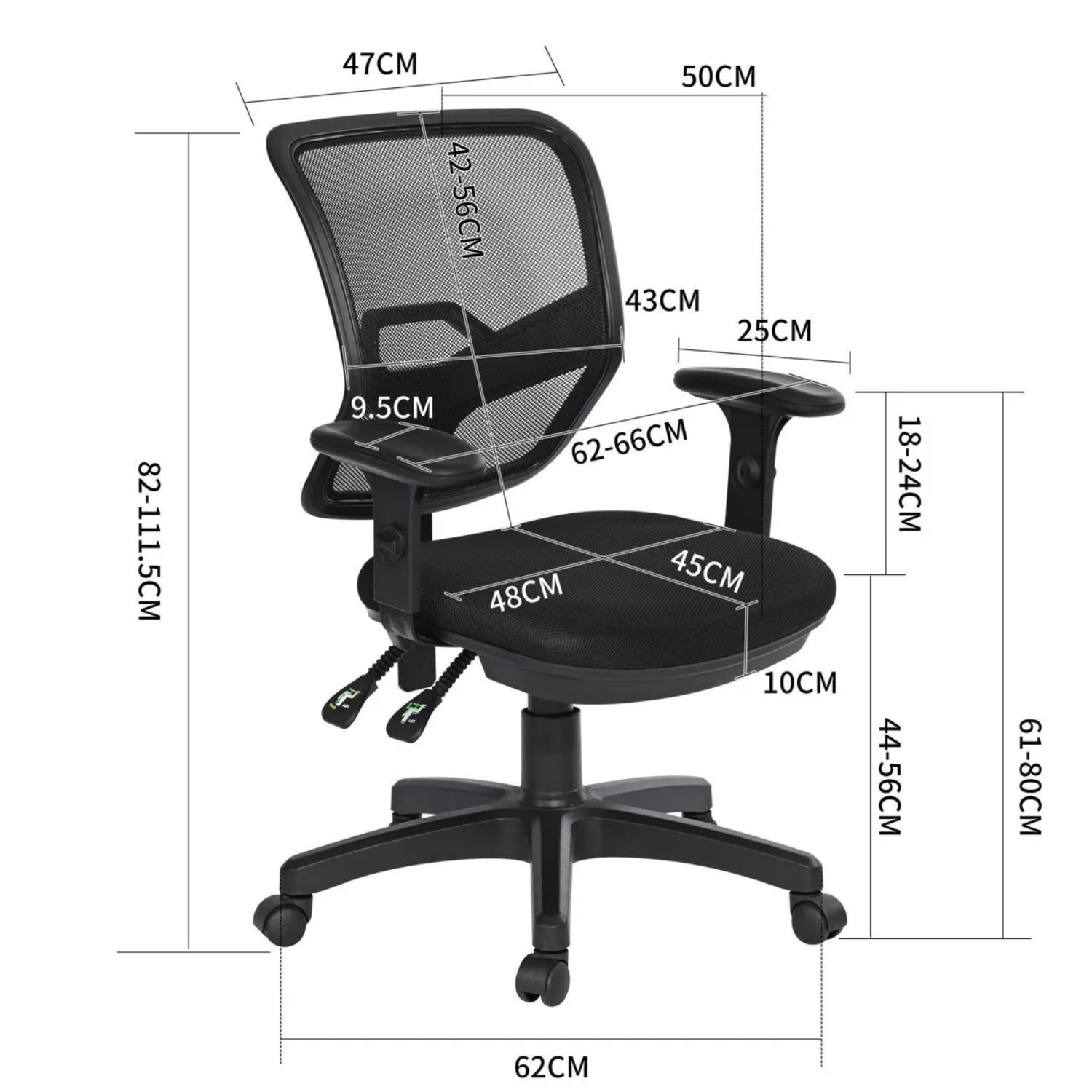 Silla de escritorio con respaldo de malla en color negro, ajustable y con ruedas para mayor comodidad