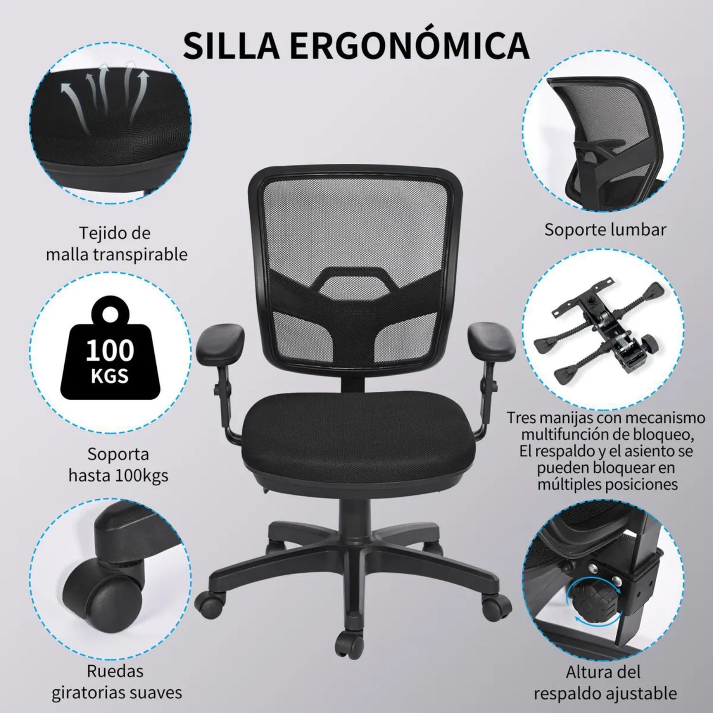 Silla de escritorio con respaldo de malla ergonómica, soporte lumbar y altura ajustable, ideal para oficinas.