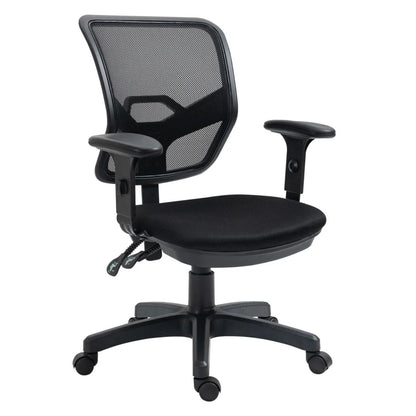 Silla de escritorio con respaldo de malla negra y asiento acolchado para comodidad en la oficina