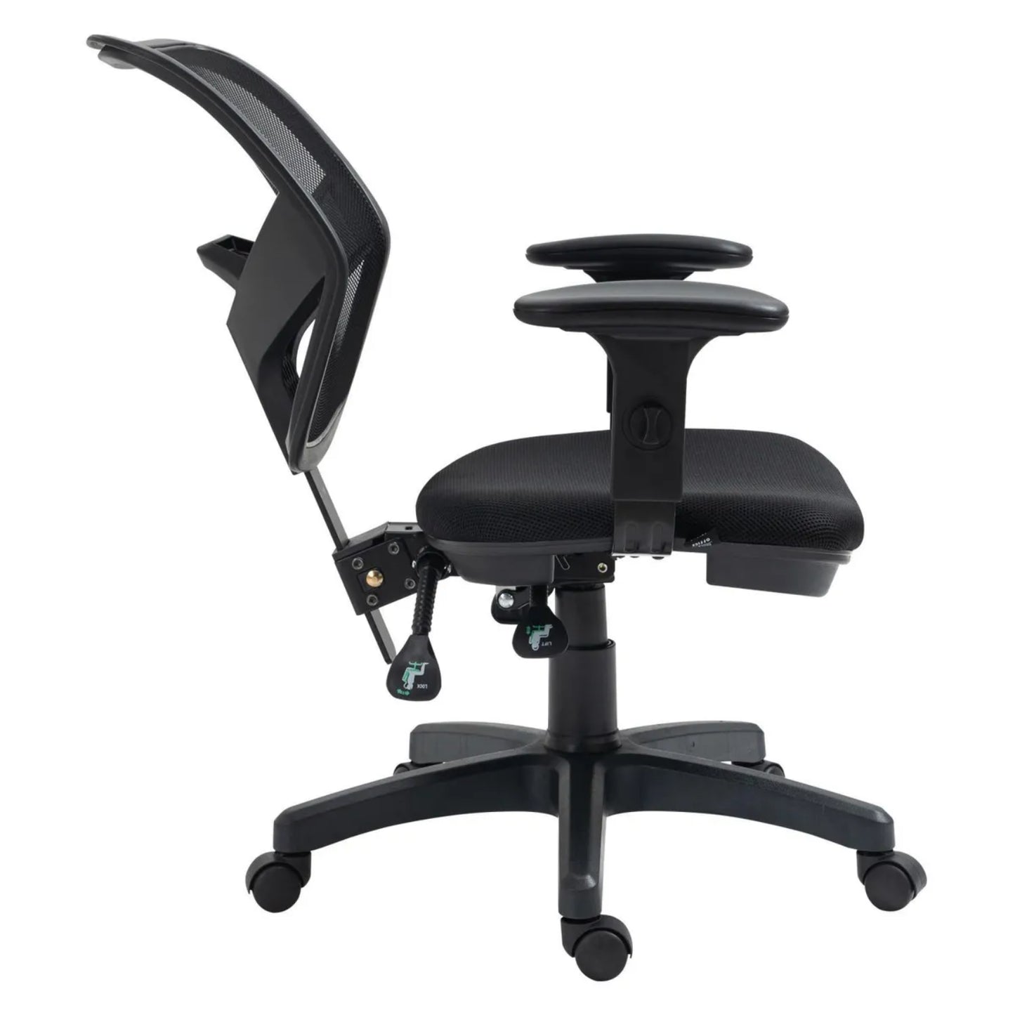 Silla de escritorio con respaldo de malla negra y ajustes ergonómicos para mayor confort